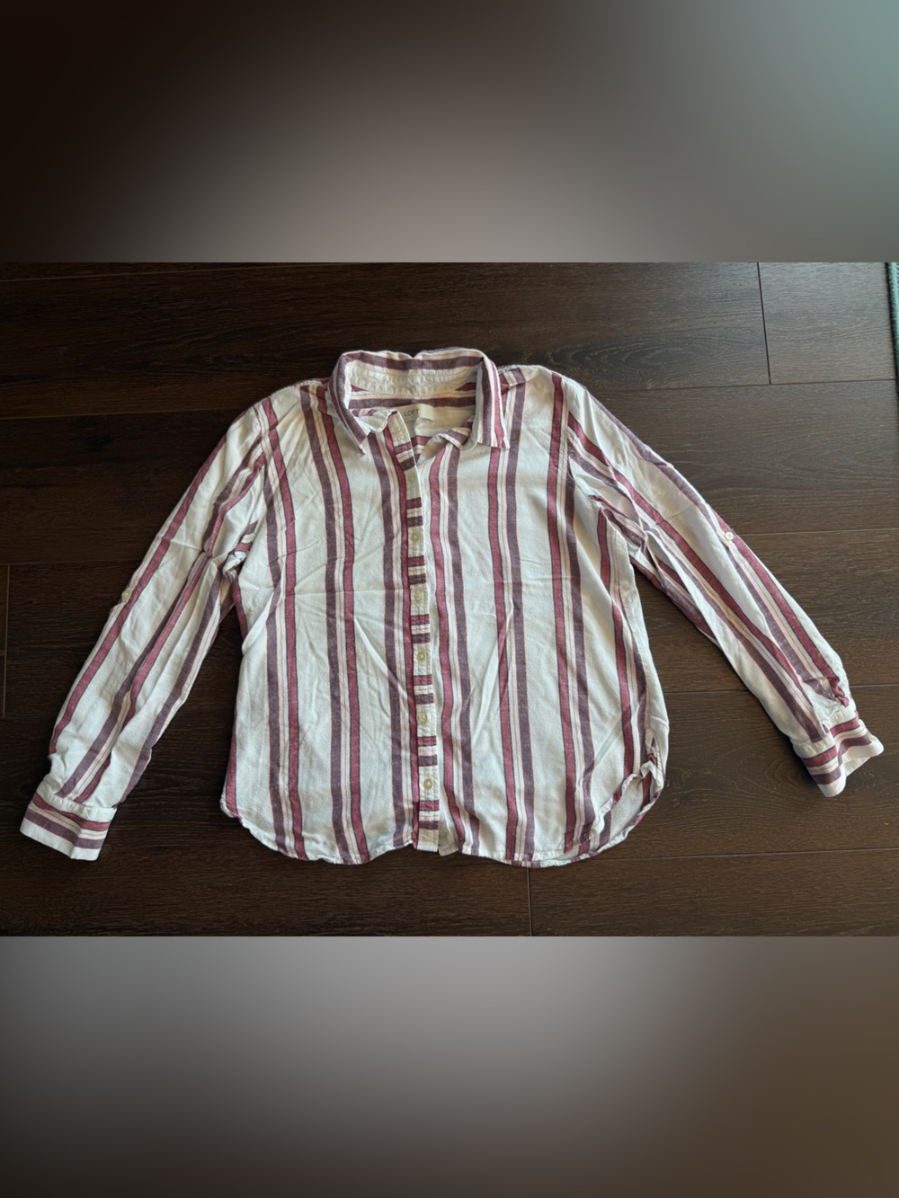 LOFT White, Red, and Purple Striped Button-Down Shirt